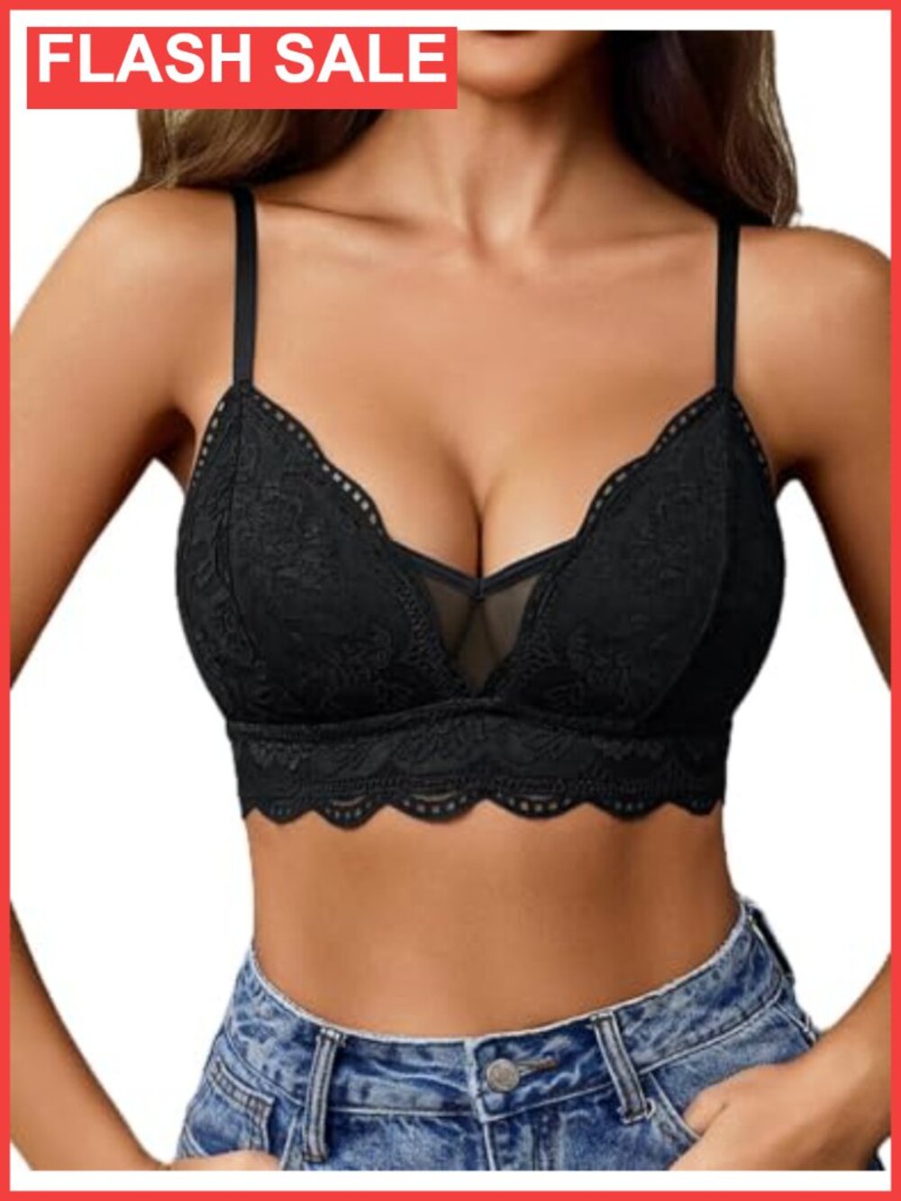 Lace Bralette Wireless Non Padded V Neck Adjustable Straps Hook Eye Everyday Bra